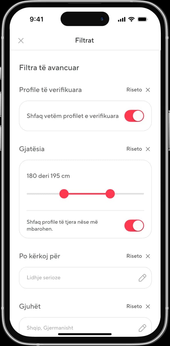 Advanced filters screen
